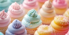 Closeup Sweet and dessert Pastry. Colorful cupcake with blurred background Variety of Pastel color.