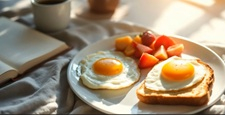 A cozy breakfast scene featuring two sunny-side-up eggs on toast, fresh fruit, and a cup of coffee. A book lies open nearby, suggesting a relaxed morning before school.