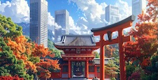 Beautiful Autumn Garden with Traditional Japanese Gate and Modern Skyscrapers