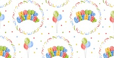 Seamless watercolor Birthday pattern with multi colored gift boxes, rainbow cake, party hats, red, green and yellow balloons and confetti. Perfect for Birthday decor, wrapping paper, fabric printing.