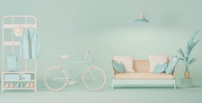 Creative composition. Interior of the room in pastel blue color with furnitures and room accessories. Light background with copy space. 3D render for web page, presentation, studio. Healthy lifestyle	